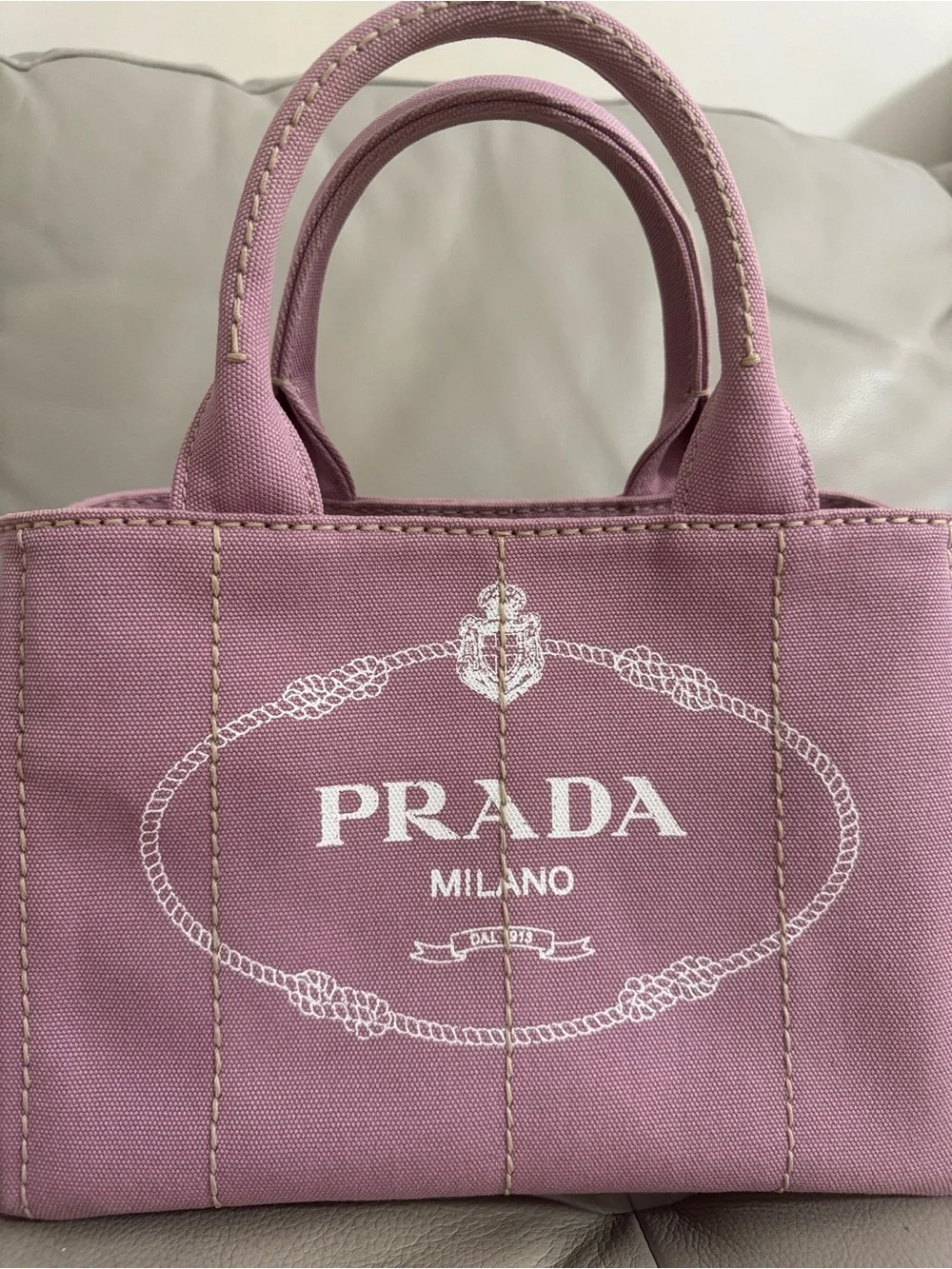 Prada canapa small tote canvas handbag top 2 way .Very clean like new. W/COA